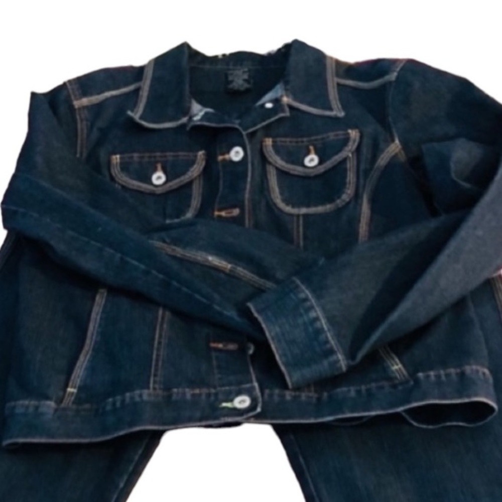 French Cuff size 12 dark jean jacket stretch & matching high rise cropped
